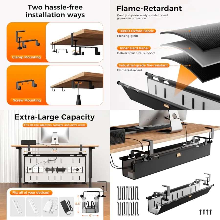 

Cable Management Tray Under Desk, 38" No Drill Cable Organizer with Clamp/Screw Mount, Wire Cord Organizer for Table, Cable Tra