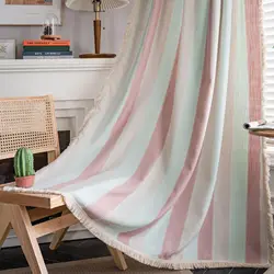 Cotton Linen Curtains Road Pocket Shade Curtain Color Stripe Tassel for Kitchen Bedroom Living Room Bay Window Cabinet Curtain