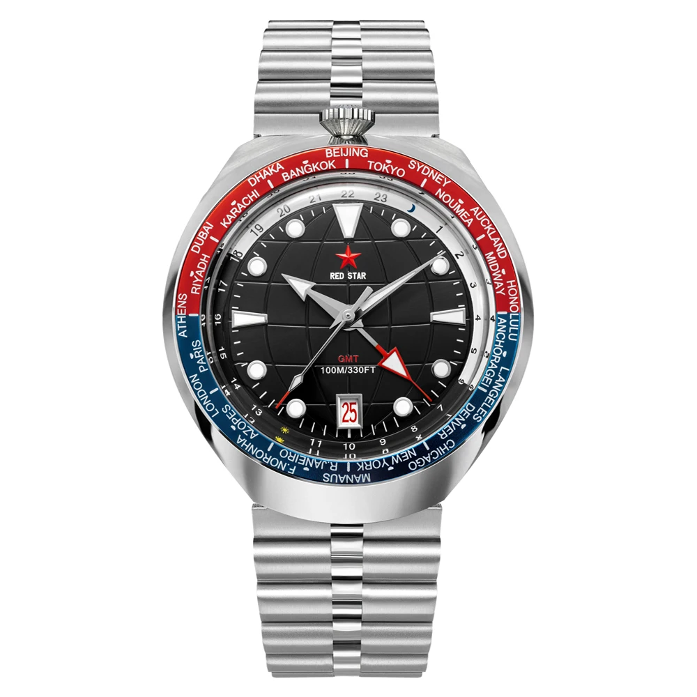 RED STAR Bull Head 42mm Men GMT4 100m Diving Automatic Mechanical Watch 1963 Dual Time Zone Luminous Waterproof Watches