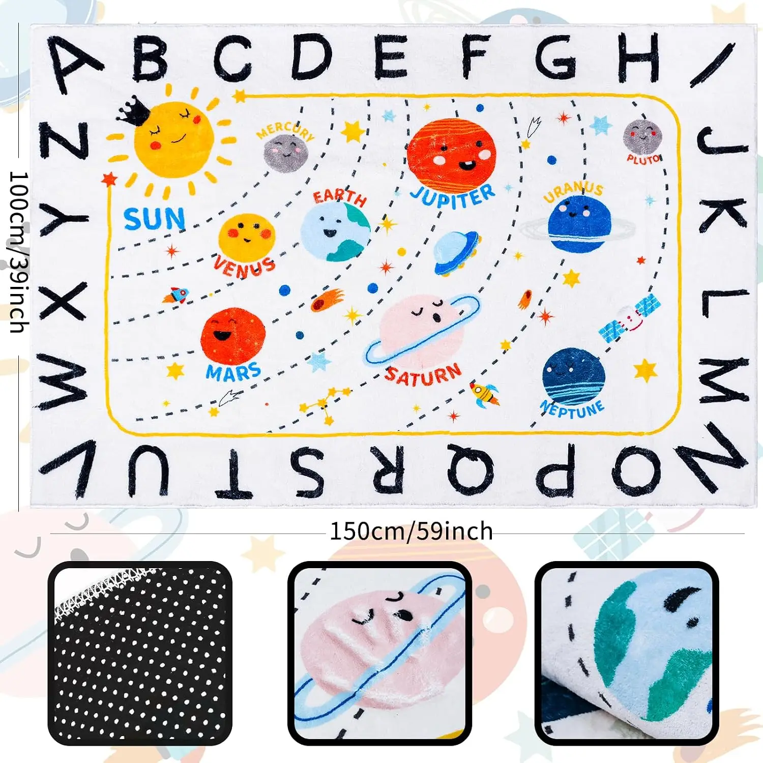 ABC Solar System Kids Rug, Washable Non Slip Carpet for Playroom Bedroom, Versatile Educational Nursery Decor