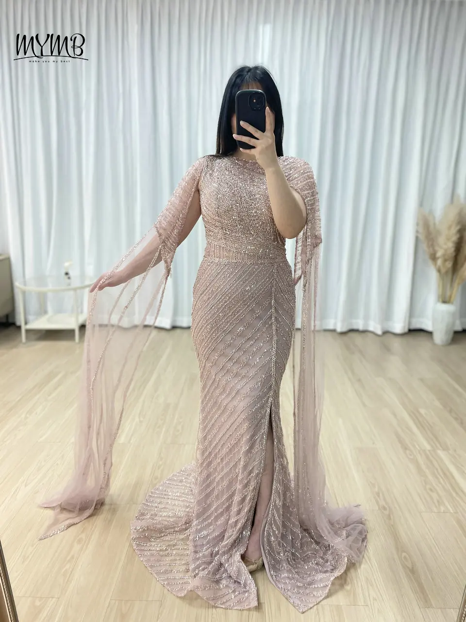 

MYMB Green Mermaid High Slit Glitter Sequins Evening Gown for Women Party Arabic Elegant Cape Sleeves Wedding Guest DressMB40093