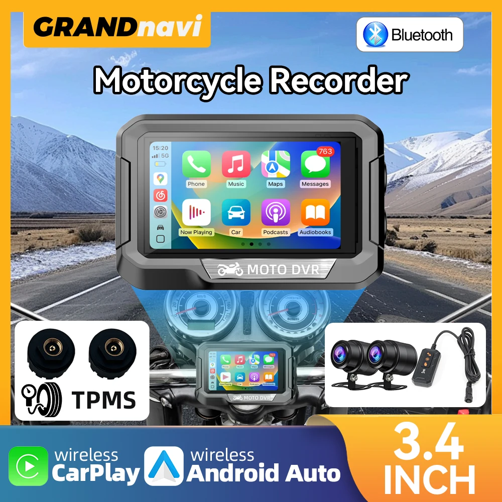 3.4 inch Mini Motorcycle Navigation GPS DVR Wireless Carplay Android Auto IP67 Waterproof Display Bluetooth 5.0 Moto Monitor