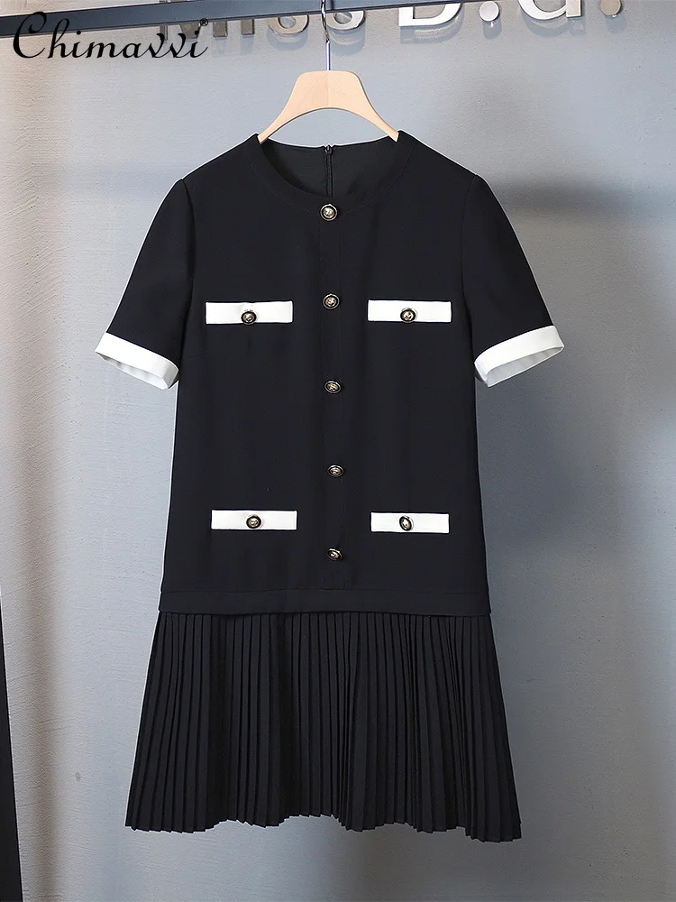 

French Style Fashion Commuter Stitching Pleated round Collar Short Sleeve Single-Breasted Loose Straight Black Short Dress Women