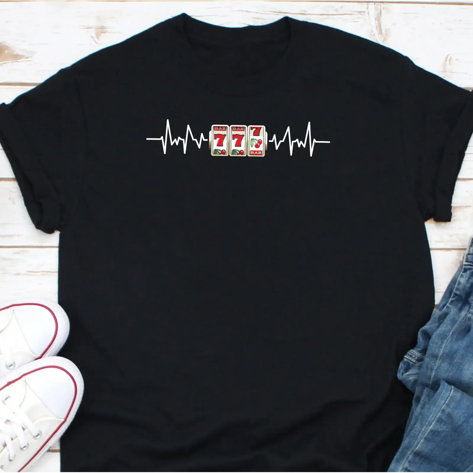 777 Slot Machine Heartbeat T Shirt Funny Gambling for Poker Casino Players Casual Gambler  vintage Washed Comfortable