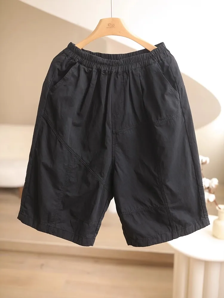 9963 Good Quality summer Fashion Wide Leg Shorts Women Elastic Waist Loose Casual Versatile Solid Color Simple Basic Knee Pants