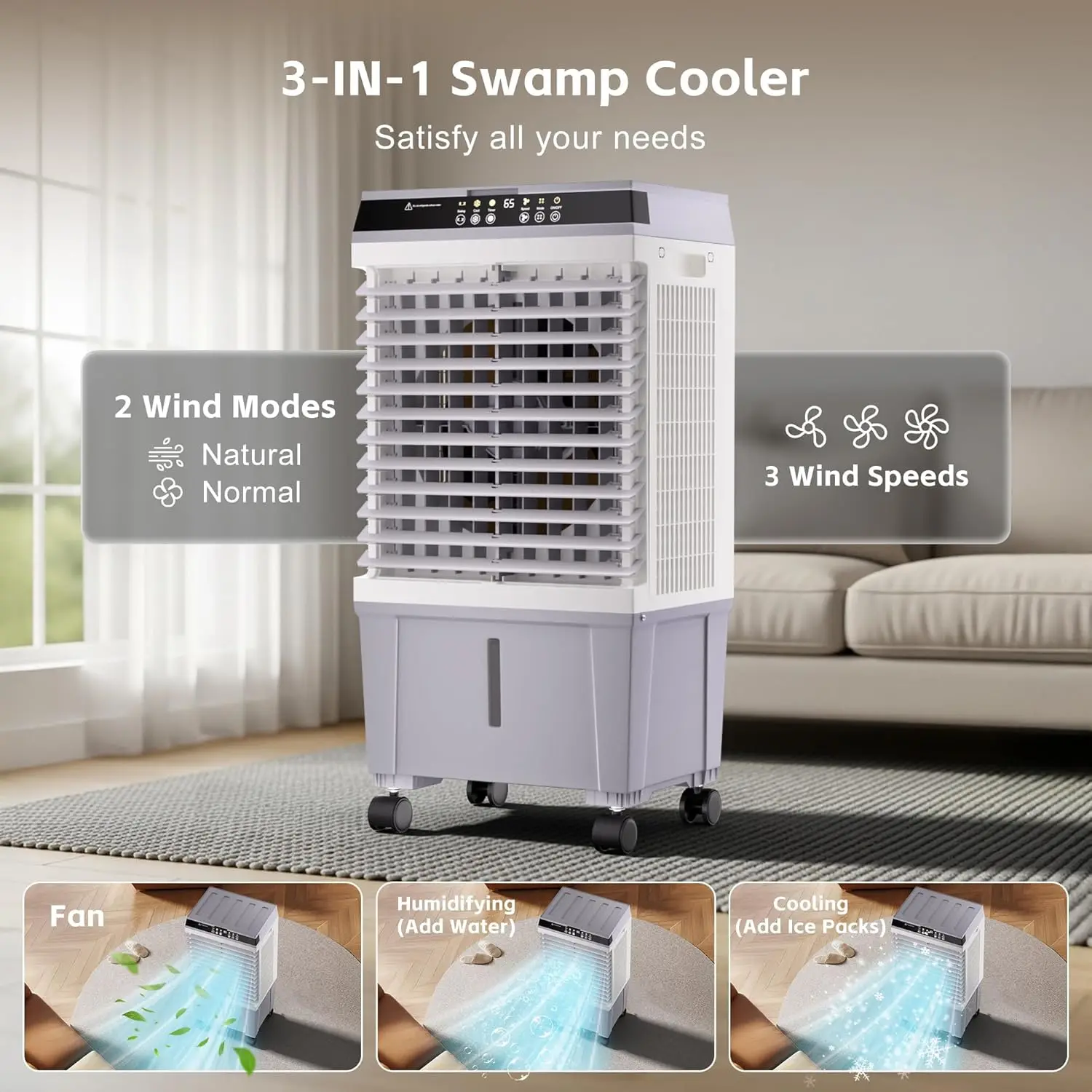 

Охладитель воздуха Swamp Cooler, 1800 CFM, с резервуаром для воды 5,3 галлона, 2 режима, 3 скорости, 6 отсеков для льда, 120 ° Осцилляция, таймер на 12 часов, испарительный процесс