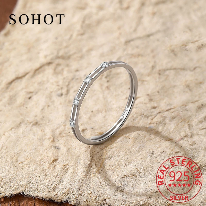 

Real 925 Sterling Silver Minimalist Personality Zircon Ring for Fashion Women Geometric Fine Jewelry Index Finger Accessories