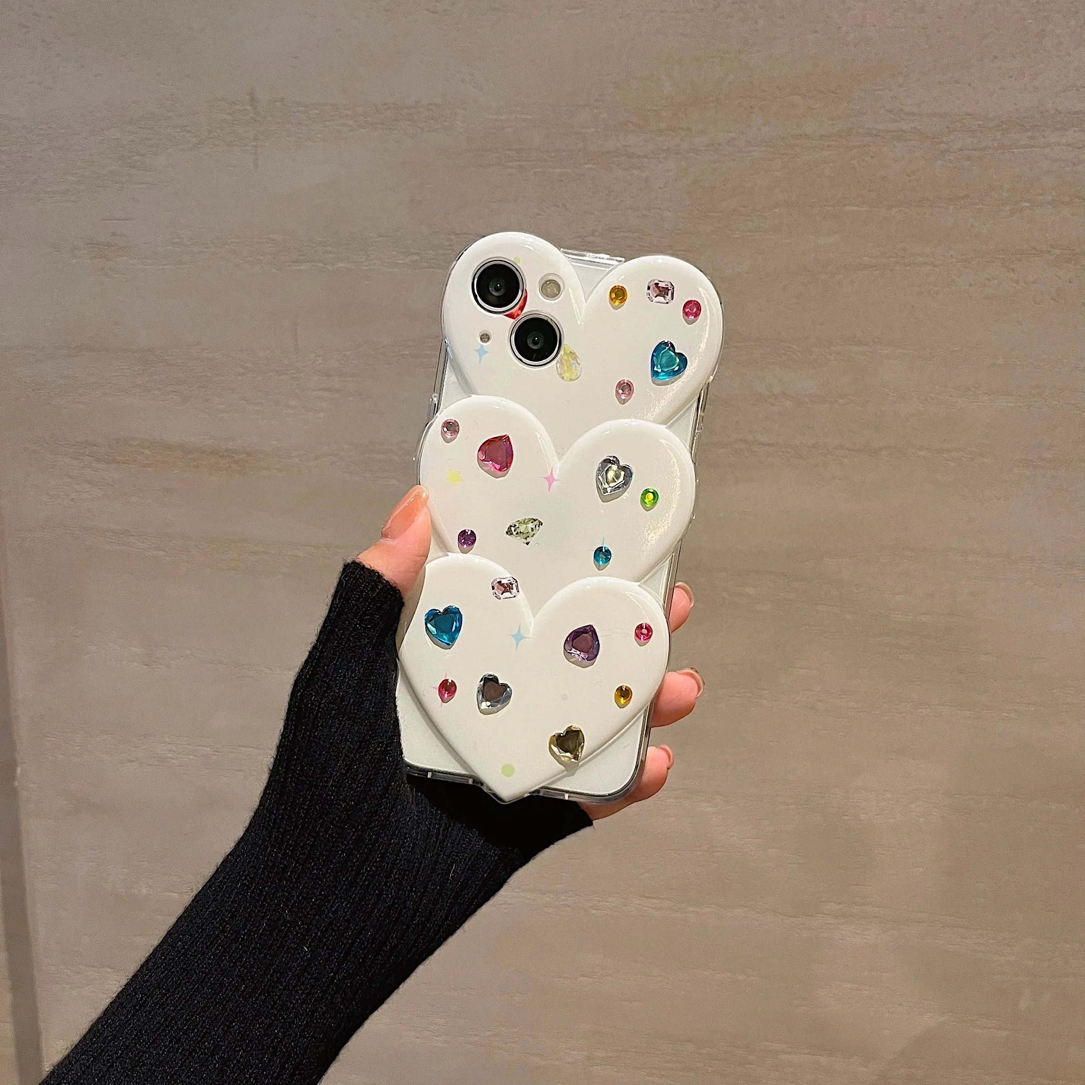 INS Cute Overlay Love Heart Multi Color Diamond Case for iPhone 14 13 Pro Max 12 11 Pro Plus Shockproof Silicone Cover