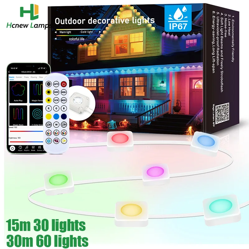 RGB Smart Eaves Light Waterproof Permanent Outdoor Light IP67 Colorful DIY Scene Eave Wall String Lights with APP Remote Control