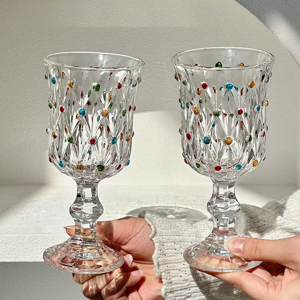 Colorful Dots High Foot Glass Cup French Style Vintage Round Transparent Homehold Drinkware Wine Cocktail Glass Champagne Cups