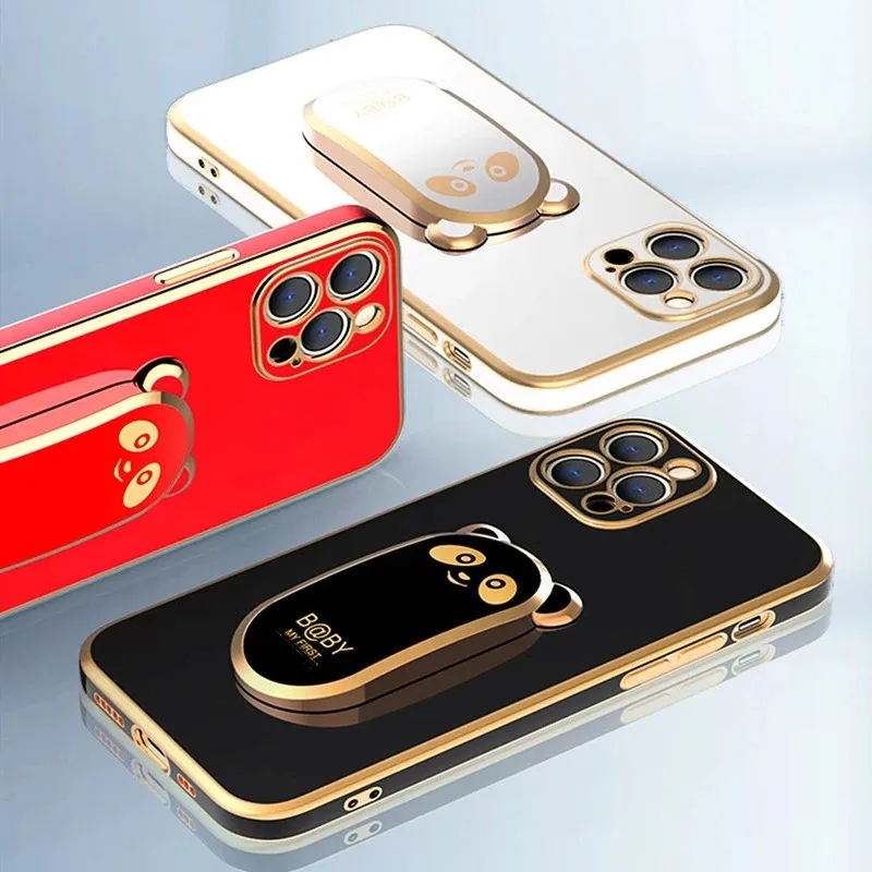 Luxury Square Plating Bear Fold Stand Holder Phone Case For iPhone 15 14 13 12 Mini 11 Pro XS Max X XR 6 6S 7 8 Plus SE2 Cover