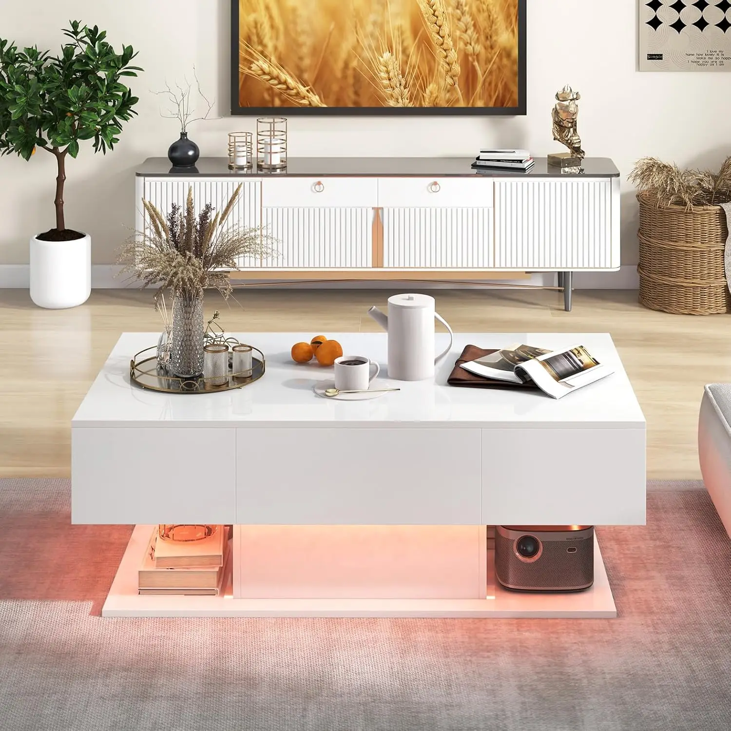 

Modern LED Coffee Table - 2-Tier Center Table W/ 2 Storage Drawers, Adjustable Brightness & Speed, 20-Color Light,, Customized