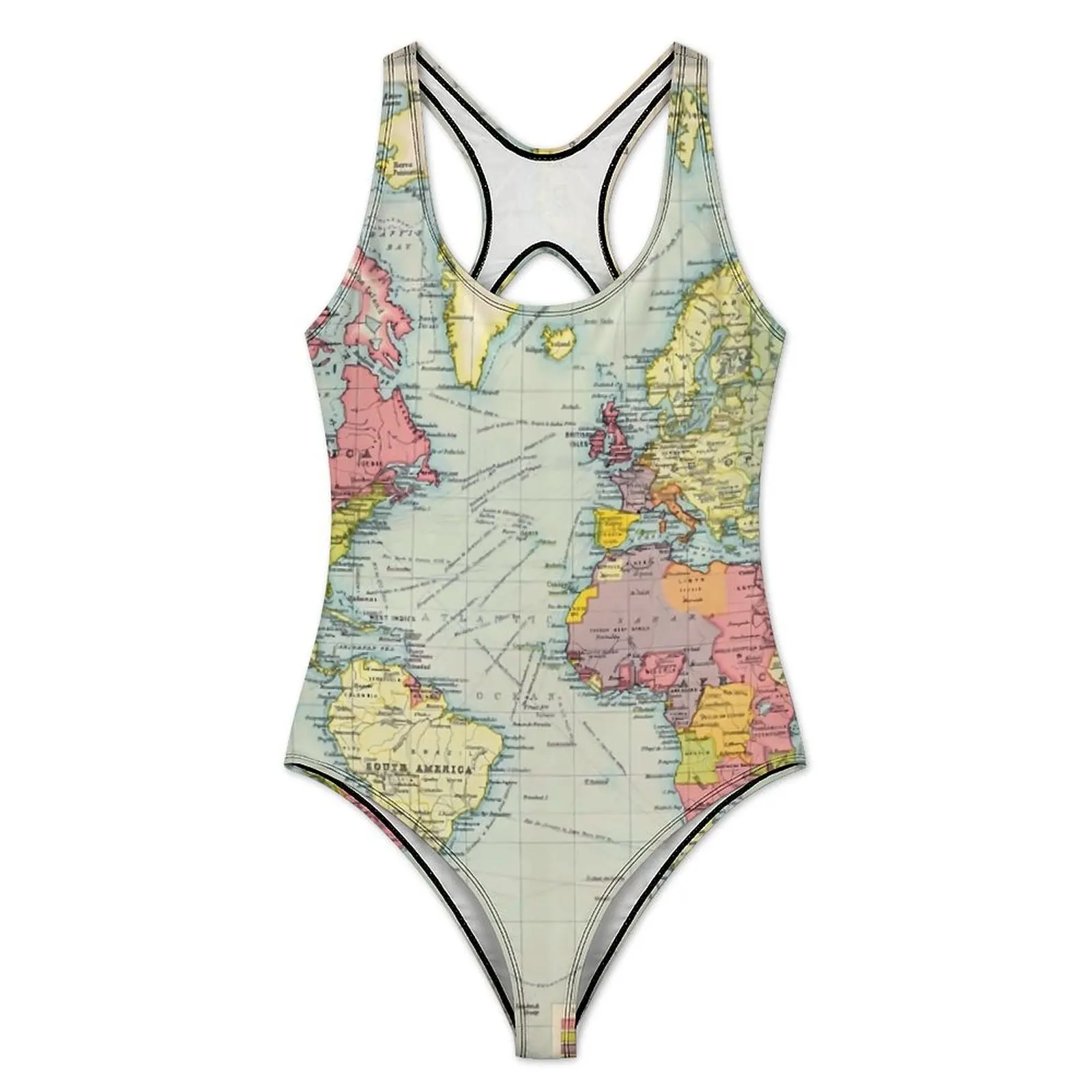 Vintage Historical World Map Swimsuit Rainbow Map One Piece Swimwear Push Up Retro Bathing Suit Sexy Sport Graphic Bodysuit