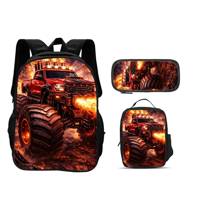 Monster Jam backpack, pencil case ice pack 3Pcs set cartoon print, new trend, best campus companion for students going to school