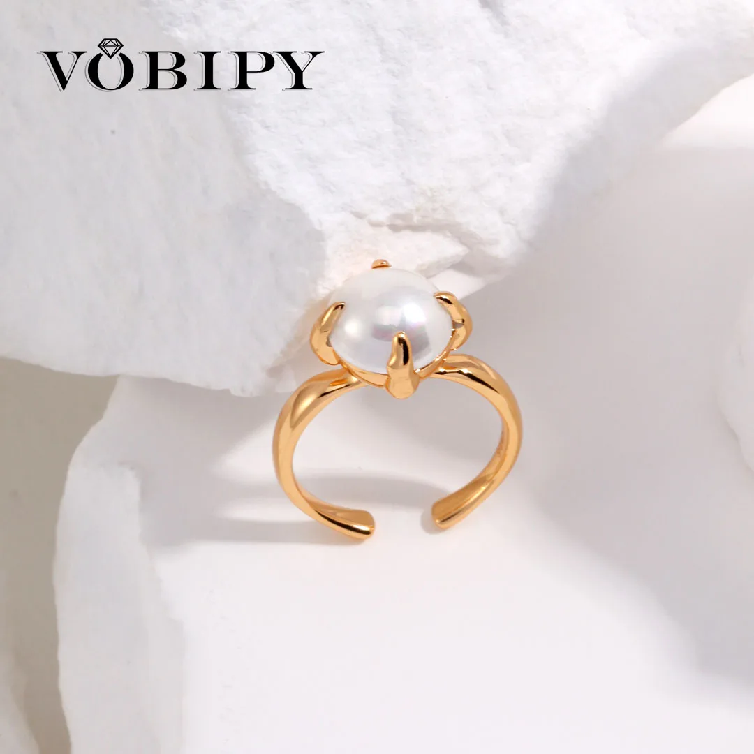 

VOBIPY Four Claws Pearl Ring For Women S925 Sterling Silver 18K Gold Plated Adjustable Ring Fine Jewelry 10mm Pearl Shell Ring