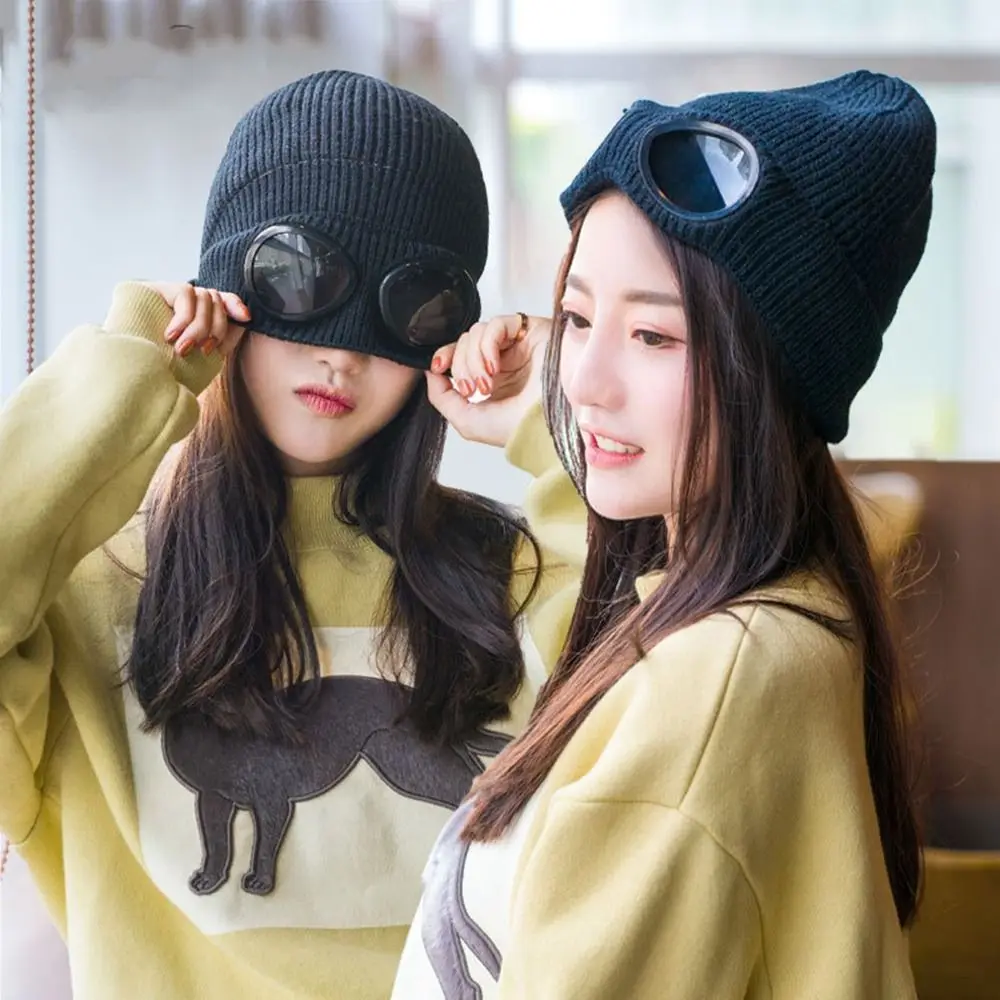 New Winter Glasses Hat CP Ribbed Knit Lens Beanie Hat Ski Cap Street Hip Hop Knitted Beanies Thick Fleece Warm Hat For Women Men