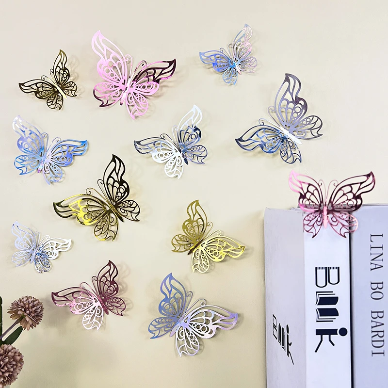 1Set Gold Silver Rose Butterflies Decal Stickers 3D Hollow Butterfly Wall Sticker DIY Art Decor Wedding Birthday Home Party