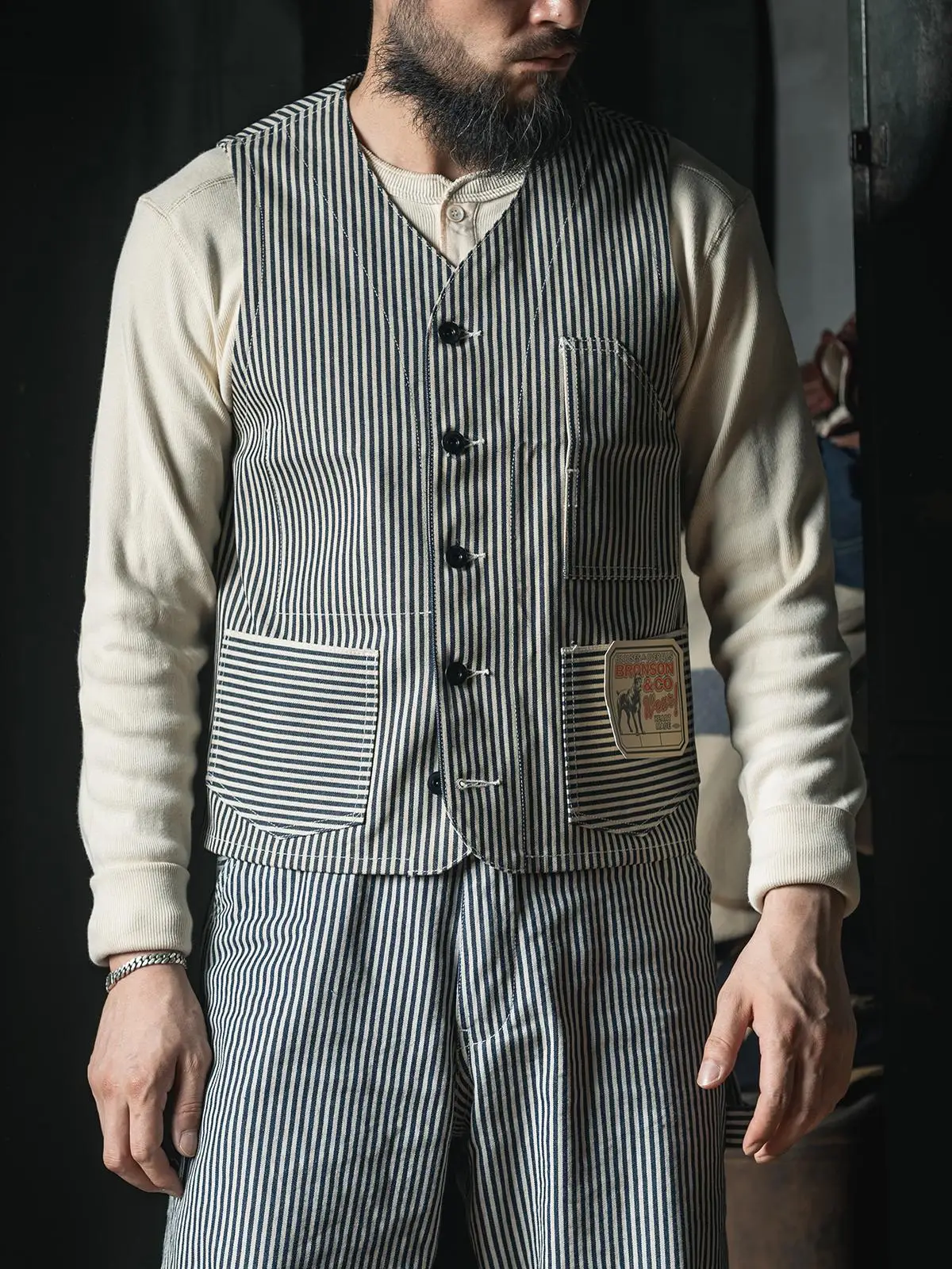 

Red Bronson Lot423 Hiory Railway Stripe Workwear Vest Blue White Vertical Stripe Denim Cloth Vest Youth Casual Faion