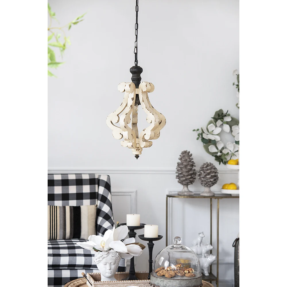 Farmhouse Chandeliar, Distressed White Pendant French Country Wood Chandelier for Living Room Foyer, Bulb Not Included