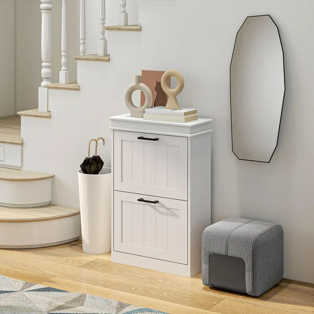 

Narrow Shoe Cabinet with 2 Flip Drawers, Modern Freestanding Shoe Storage Cabinet with Adjustable Shelves