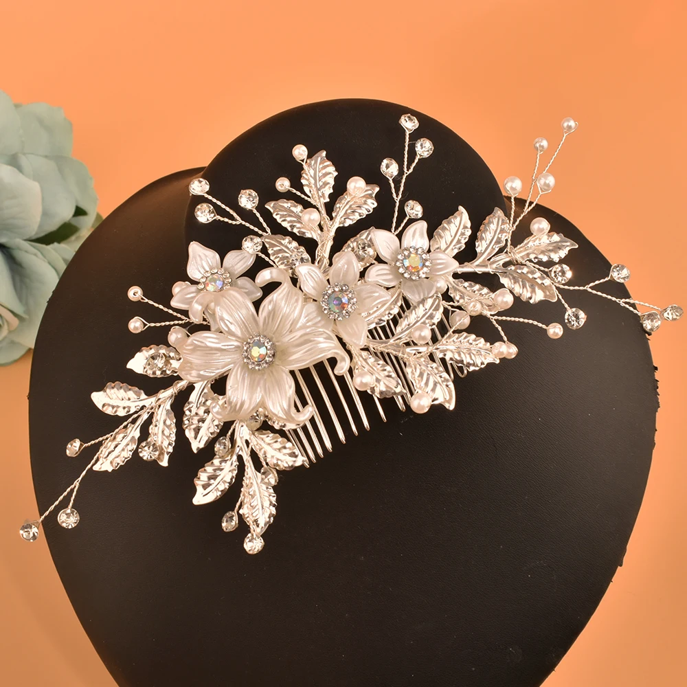 DZ226 Bridal Hair Comb Jewelry Alloy Leaves Wedding Headdress Silver Party Hairpins Flower Bridal Side Combs for Women Tiara