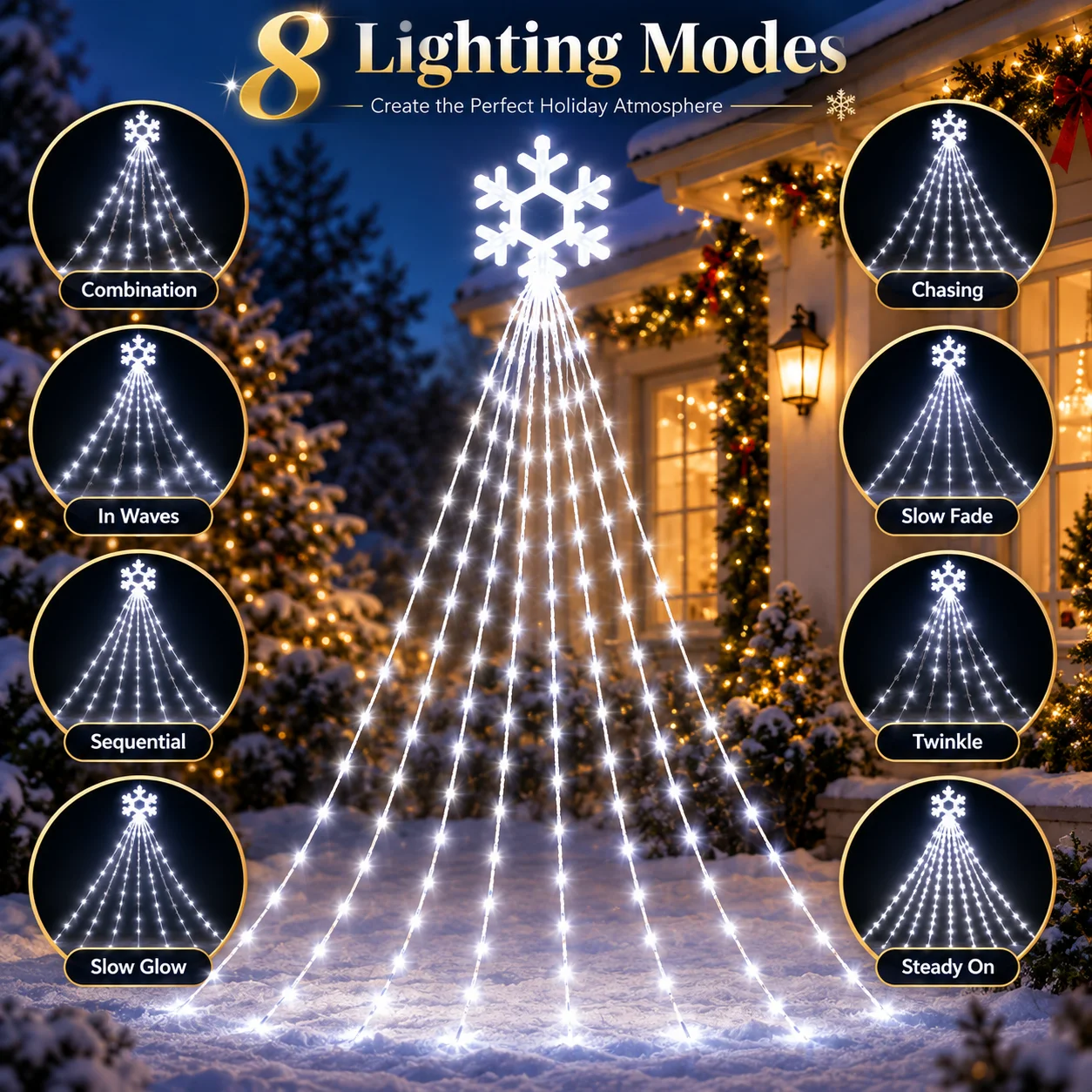 Christmas Snowflake Curtain Lights Solar Powered 200/290LED 8 Modes Hanging Cascade for Window Tree Patio Garden Holiday Decor