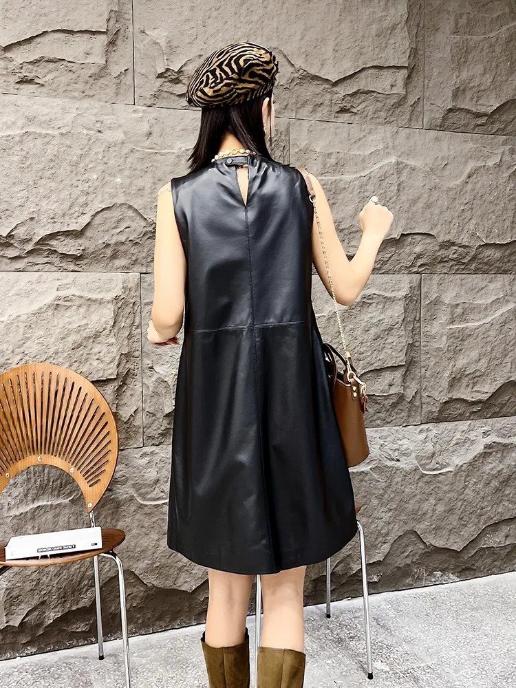 Women Casual A-Line Genuine Leather Dress Summer Sleeveless Loose Fit Natural Sheepskin Tank Dress O-Neck Female Short Dresses