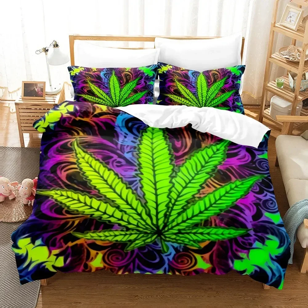 Marijuana Duvet Cover Trippy Cannabis Leaves Bedding Set Marijuana Weed Botanical Comforter Cover Queen Polyester Quilt Cover
