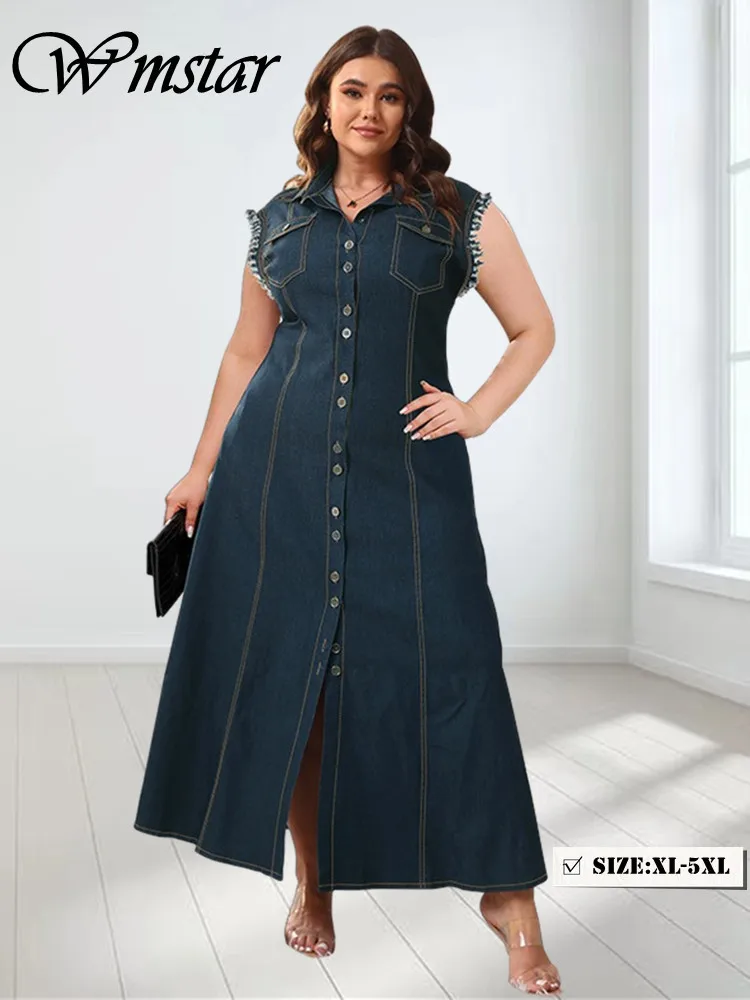 Wmstar Denim Plus Size Dresses for Women Summer Solid Sleeveless Button Fashion Elegant Maxi Dress  Wholesale Dropshipping