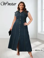 Wmstar Denim Plus Size sukienki dla kobiet letnie solidne guziki bez rękawów modne elegancka sukienka Maxi sprzedaż hurtowa Dropshipping