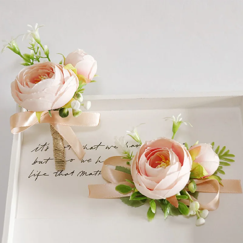 Boutonniere y ramillete de muñeca para Celebración de negocios, flor de pecho, suministros de boda, cine, champán, 305