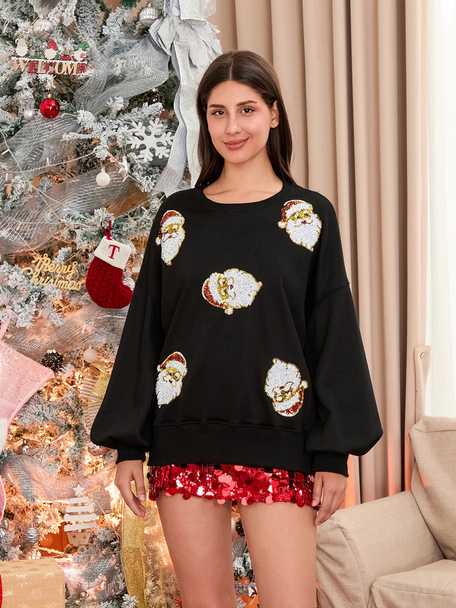 2025 Christmas Women's Sweatshirt  Santa Claus Sequin Embroidery Sweatshirt O-Neck Long Sleeve Pullover Tops Streetwear