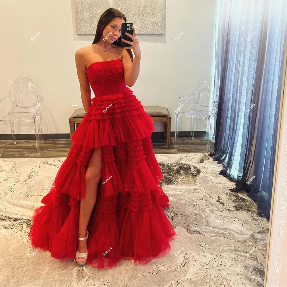 Booma Red A-Line Prom Dresses Strapless Tiered Tulle Graduation  Party Gowns High Side Slit Formal Evening Dress for Women