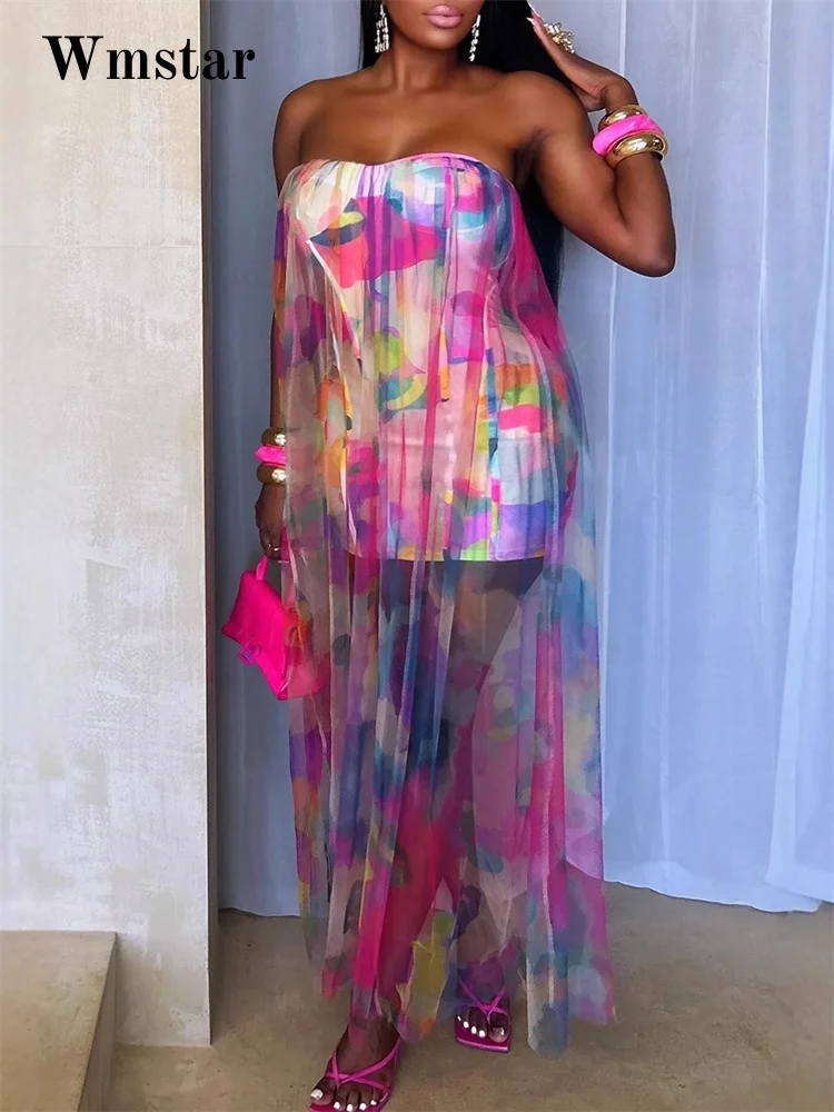 

Платье Wmstar, женское оптовое платье с принтом, сексуальное прозрачное эластичное сетчатое платье в стиле пэчворк с открытыми плечами, элегантные вечерние платья, летние