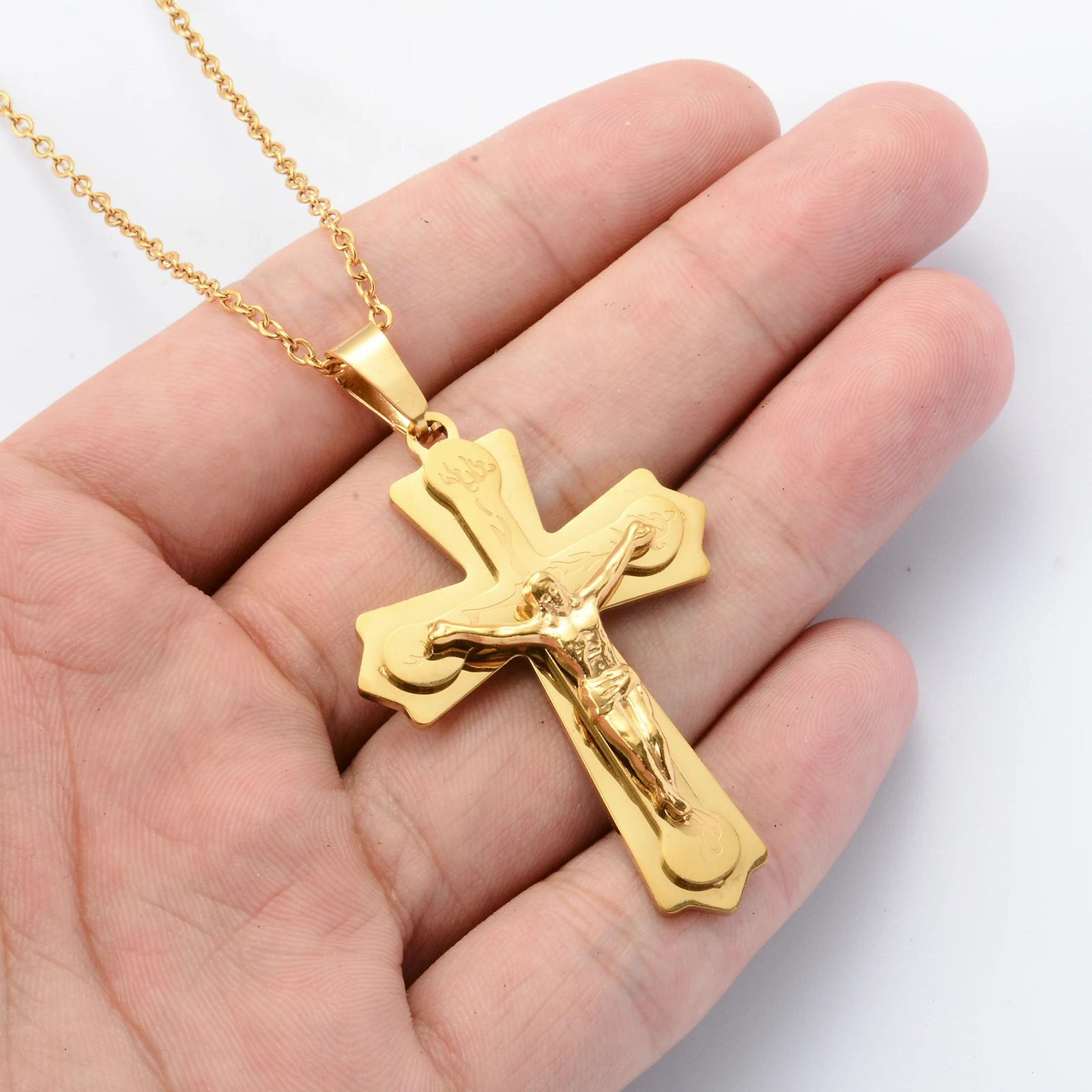 ﻿ Religion Jesus Crucifix Cross Stainless Steel Saint St St. Benedict Crucifix Cross Pendant Necklaces For Men Christmas Gift