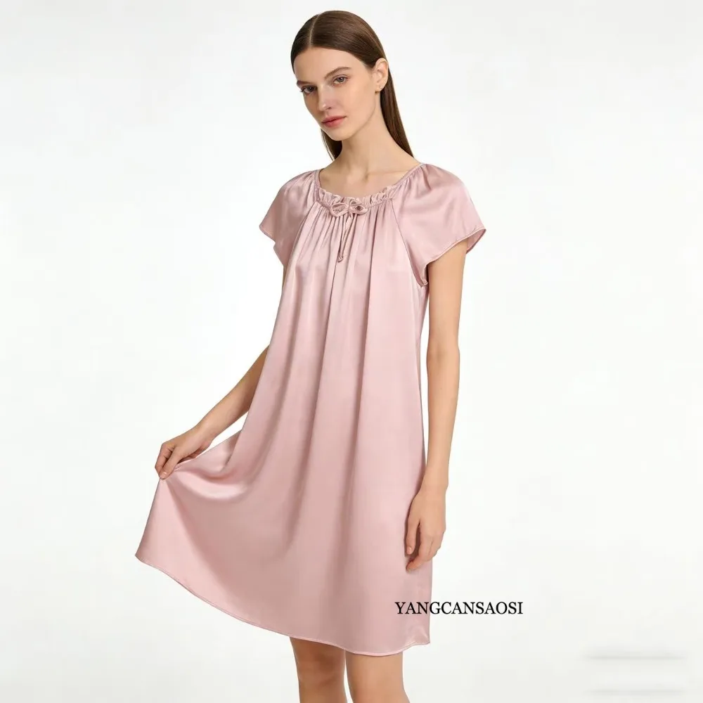 Women's Summer Casual Clothing 100% Natural Mulberry Silk Plain Satin Loose Short Sleeved Solid Color Princess Nightdress