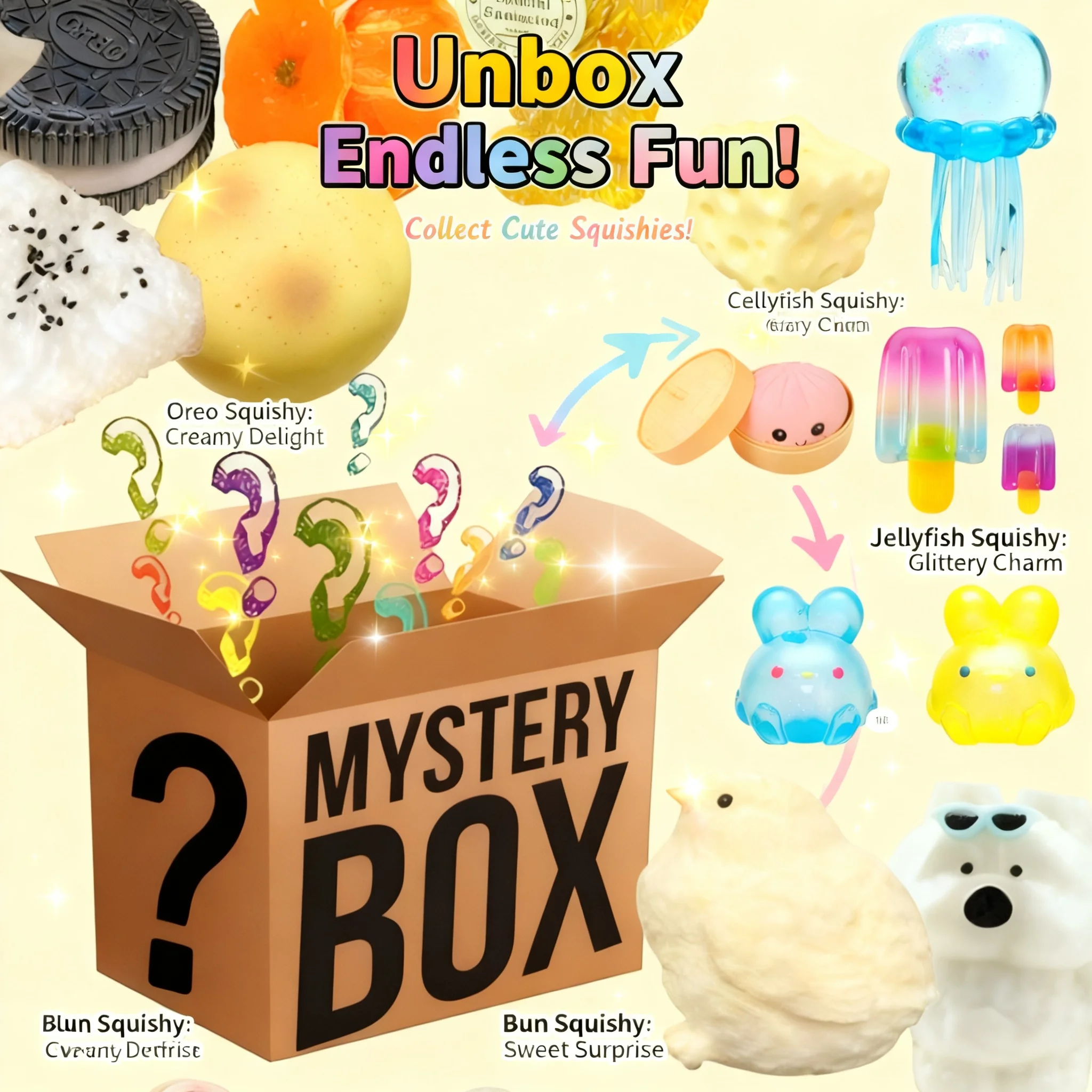 100+ Pcs Assorted Squishy Blind Box Surprise Pack Bulk Stress Relief Squeeze Toys, Giant Yellow Gorilla Moai Panda Rabbit Fidget view 2