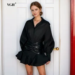 VGH Patchwork Leather Elegant Dress For Women Lapel Long Sleeve High Waist Spliced Ruffles Slimming Mini Dresses Female Fashion