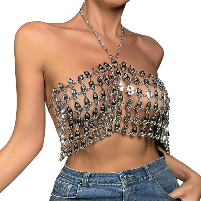 Vrouwen sexy crop tops acryl ketting uitgehold crop tops voor clubwwear