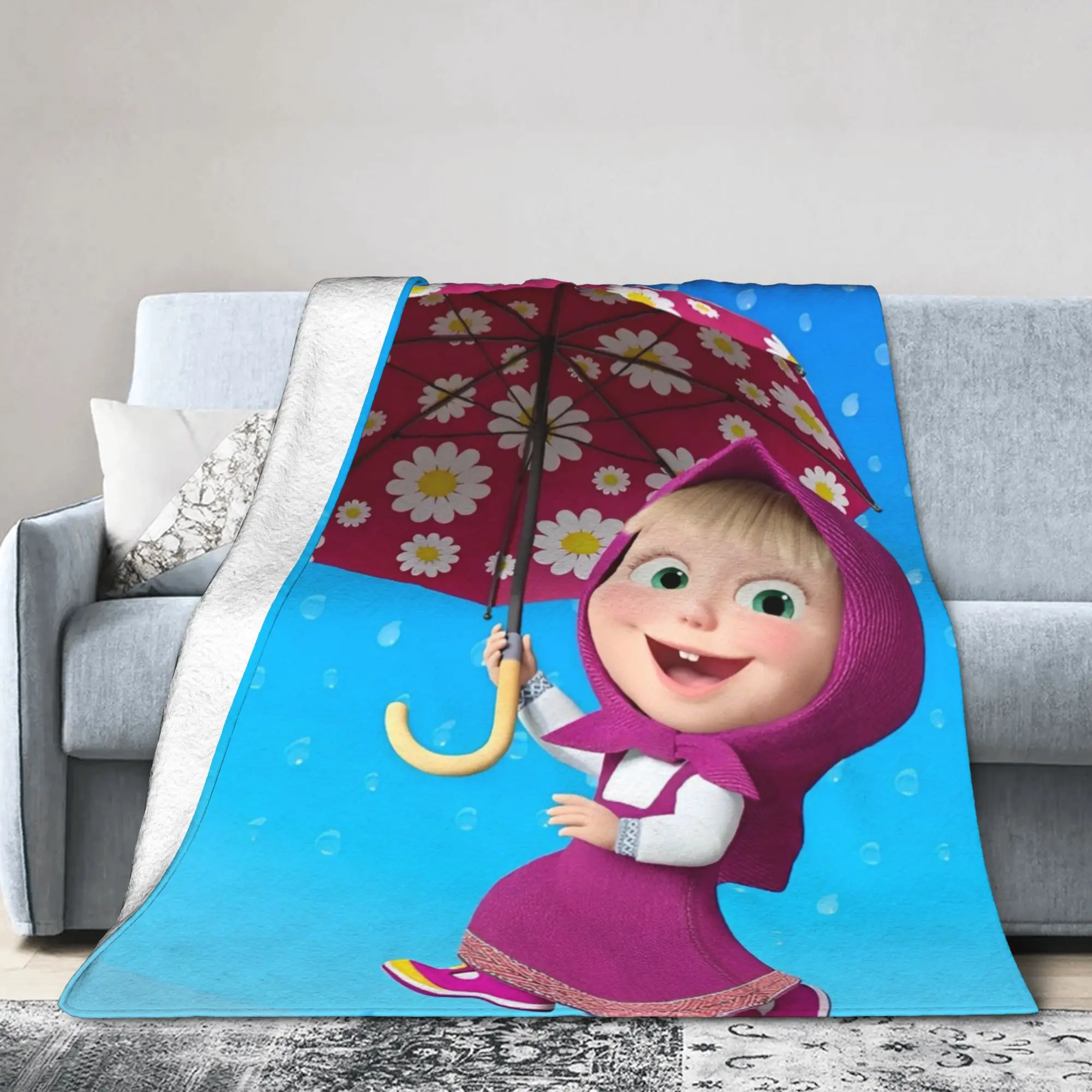 M-Masha And Bear on a rainy day Blankets Flannel Throw Blanket Summer Air Conditioning Portable Soft Warm Bedspreads,