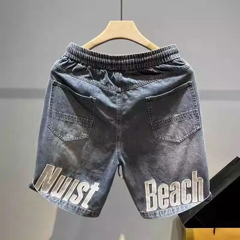 Trendy brand retro letter embroidered denim shorts American high street loose and versatile casual five-point pants