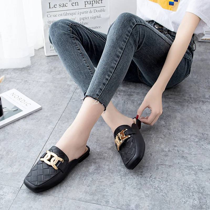 Women Baotou half slippers Summer Lightweight Soft Soled Muller Square Toe Fashion Plaid Metal Buckle Women Non Slip Slippers