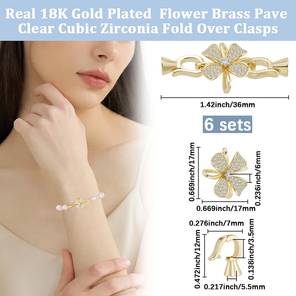 1 Box 6Pcs Cubic Zirconia Fold Over Clasps 18K Gold Plated Brass Flower Bracelet Clasps and Closures Extender Connector