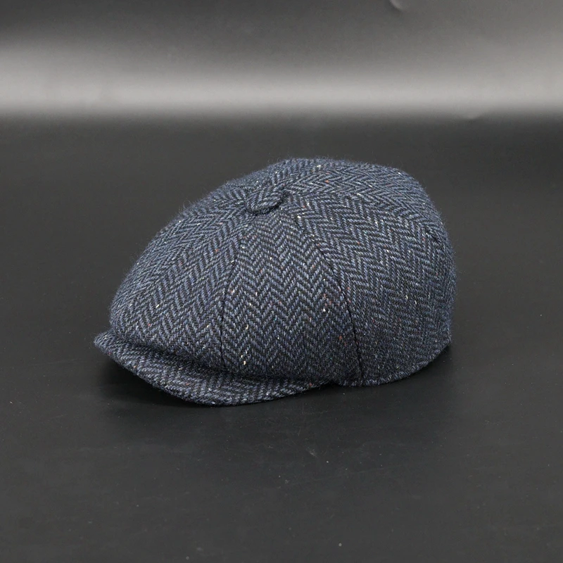 

70% Wool Newsboy Hat Men Beret Navy Blue Spring Autumn Winter Vintage Tweed herringbone pattern Berets Women Octagonal Cap BJM44