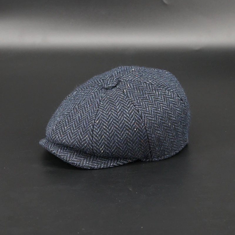 70% Wool Newsboy Hat Men Beret Navy Blue Spring Autumn Winter Vintage Tweed herringbone pattern Berets Women Octagonal Cap BJM44