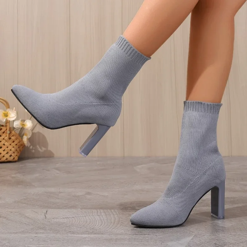 2024 New Autumn Winter Thick High-heeled All-match Thin and Thin Boots Women\'s Pointed Toe Mid-tube Elastic Socks Boots Women