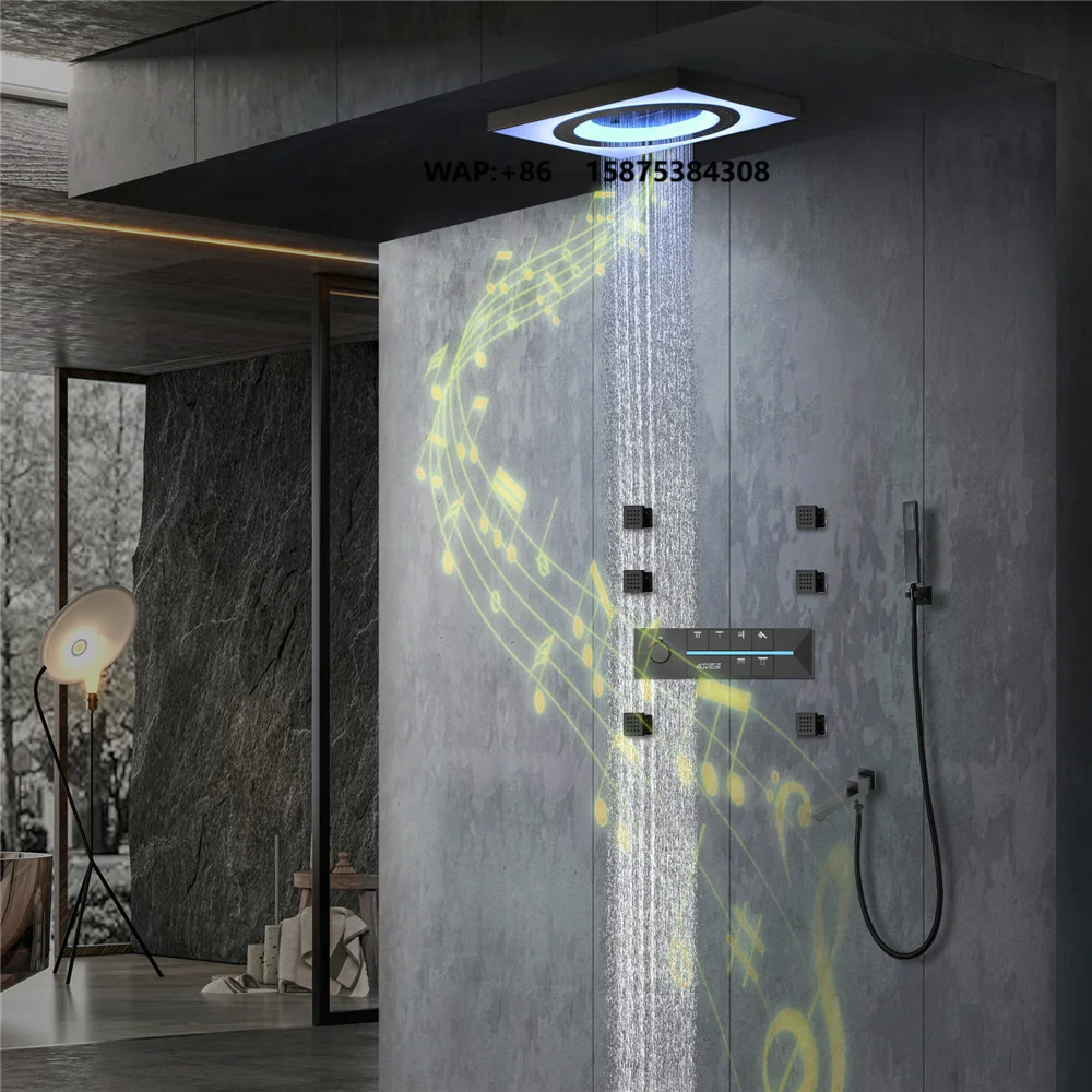 Beyoon Ceiling Embedded Rain & Waterfall LED Shower Head Music Speaker Bathroom Thermostatic Control Shower Faucet Set