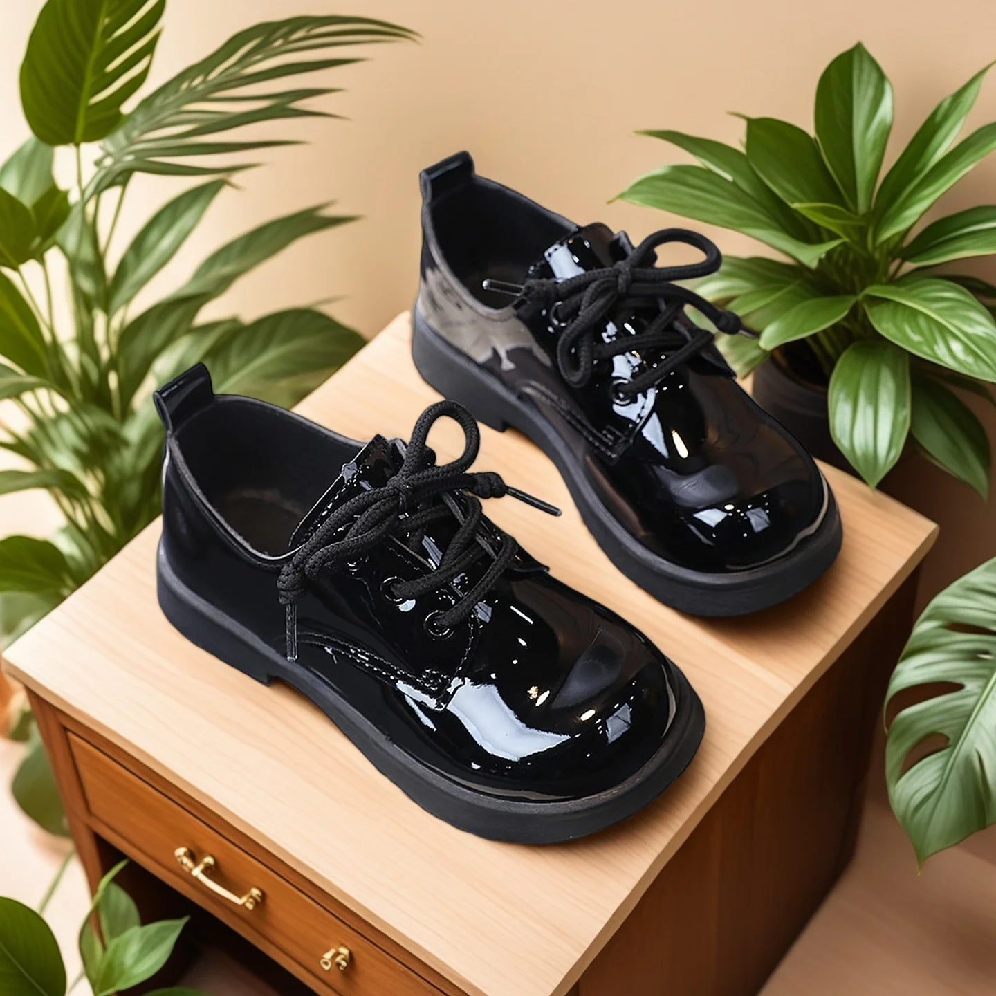 COMFY KIDS Black Patent PU Leather British Style Low Top Dress Shoes Lace-Up Soft Sole All-Season Wear School Formal Shoes
