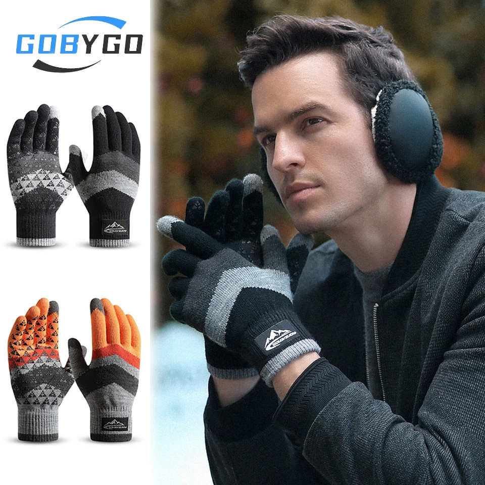 

GOBYGO 1Pair Winter Gloves Knitting Warm With Fleece Woolen Gloves Outdoor Cold Protection Anti-slip Touch Screen Cycling Skiing