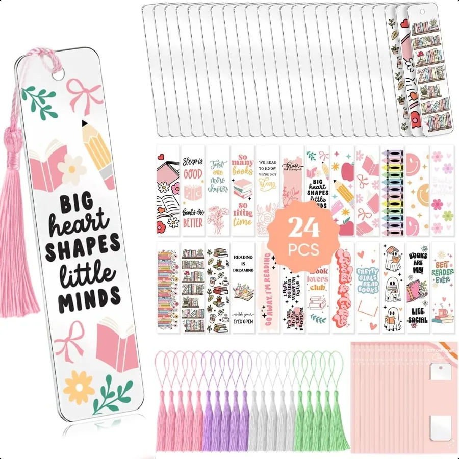 

24PCS Acrylic Bookmark Blanks with 24PCS Booklover Theme UV DTF Stickers and 4 Colors TasselsBlank Bookmarks Waterproof UV DTF
